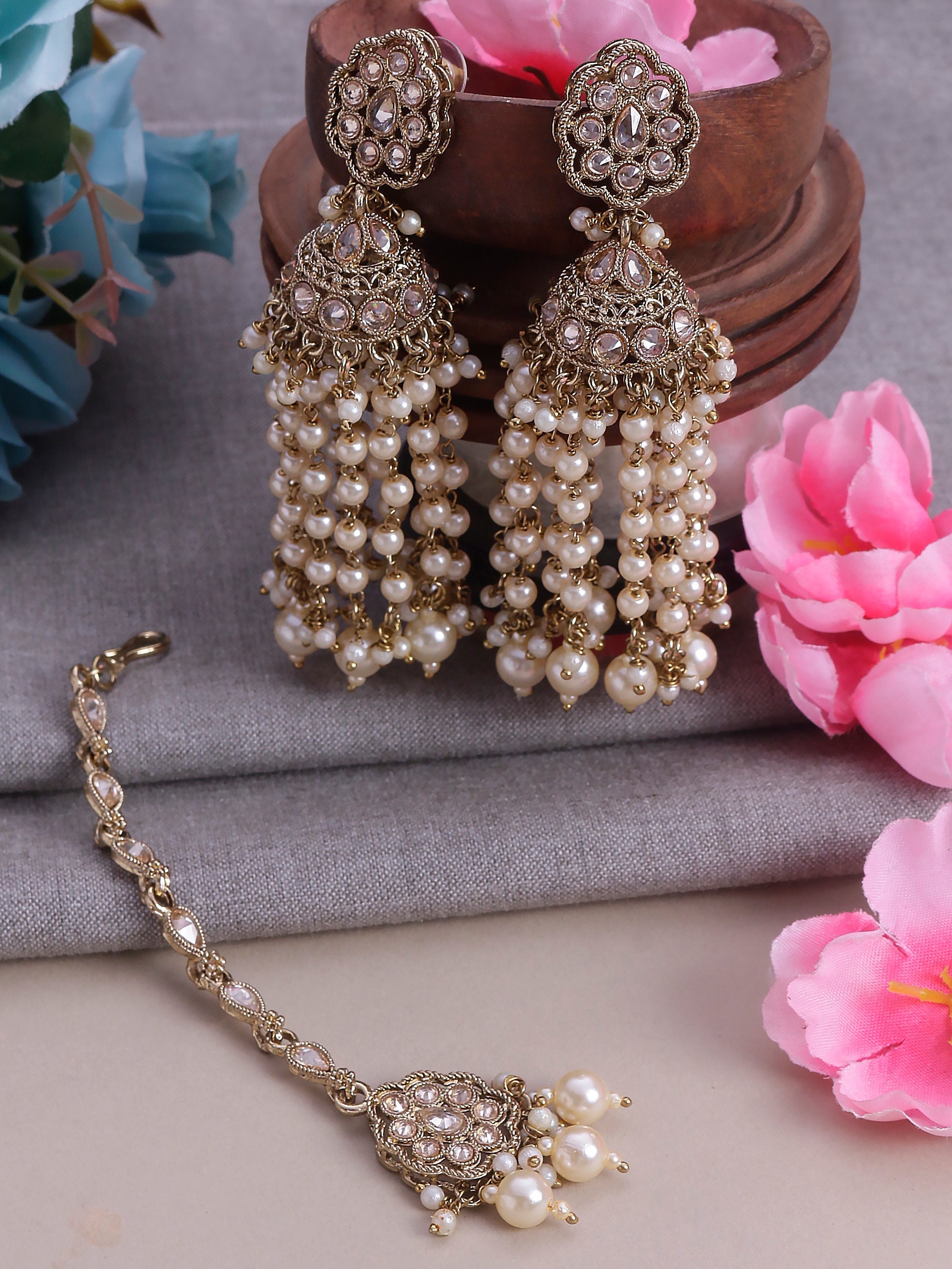 Swisni Alloy Golden Jhumki Earrings with with Maang Tikka