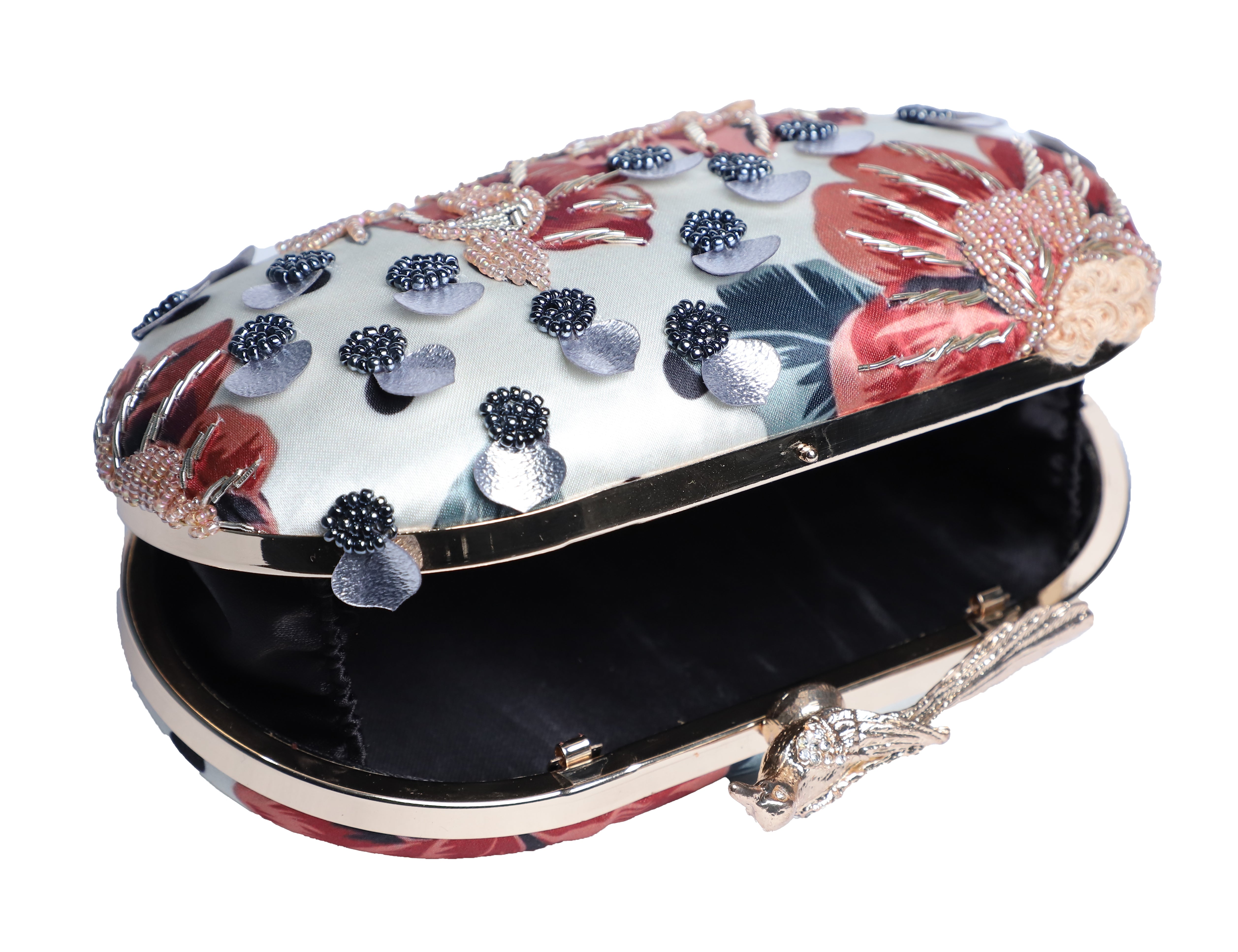 Bird lock printed embroidered clutch bag