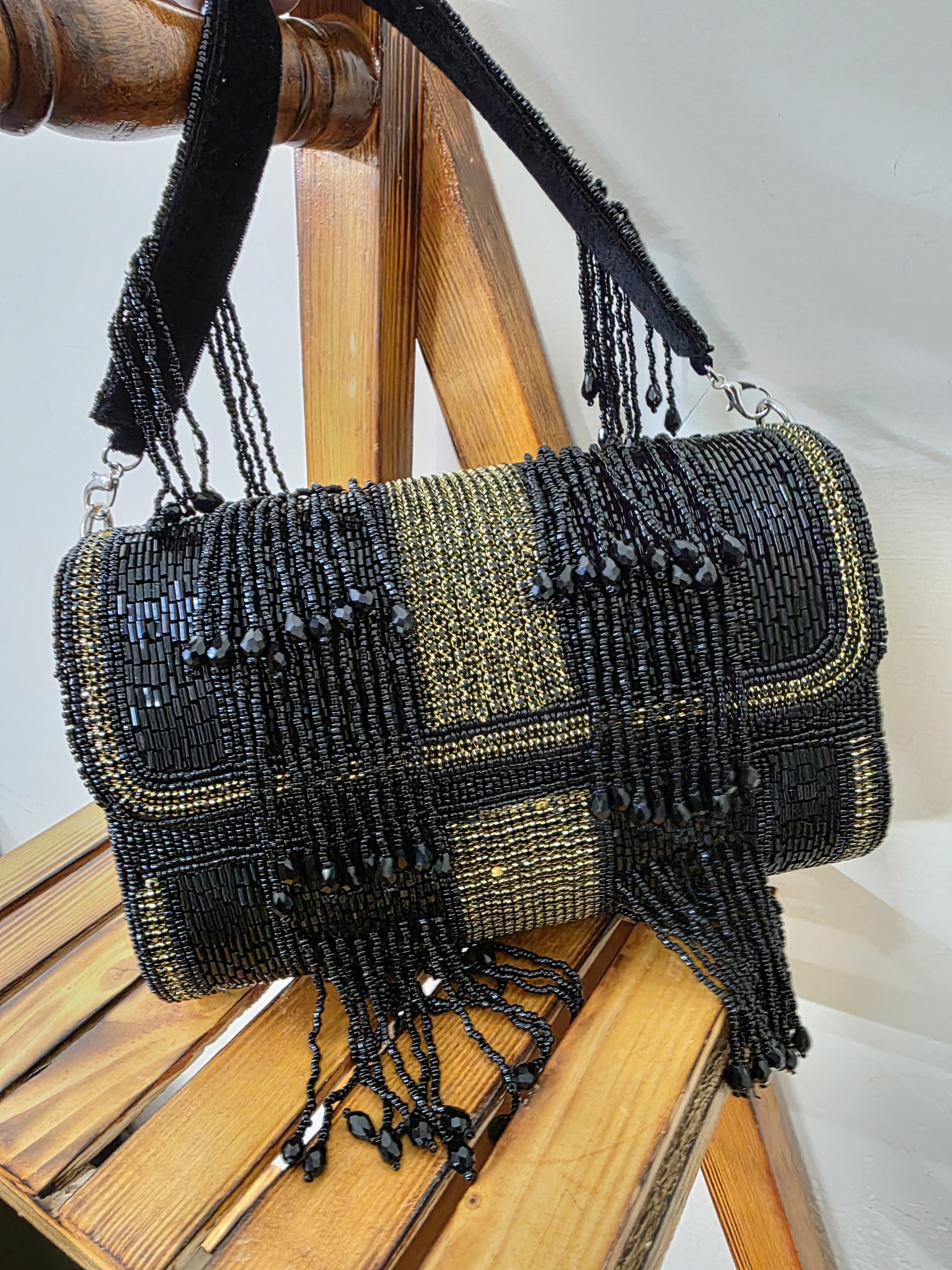 Black Crystal flap bag with belt
