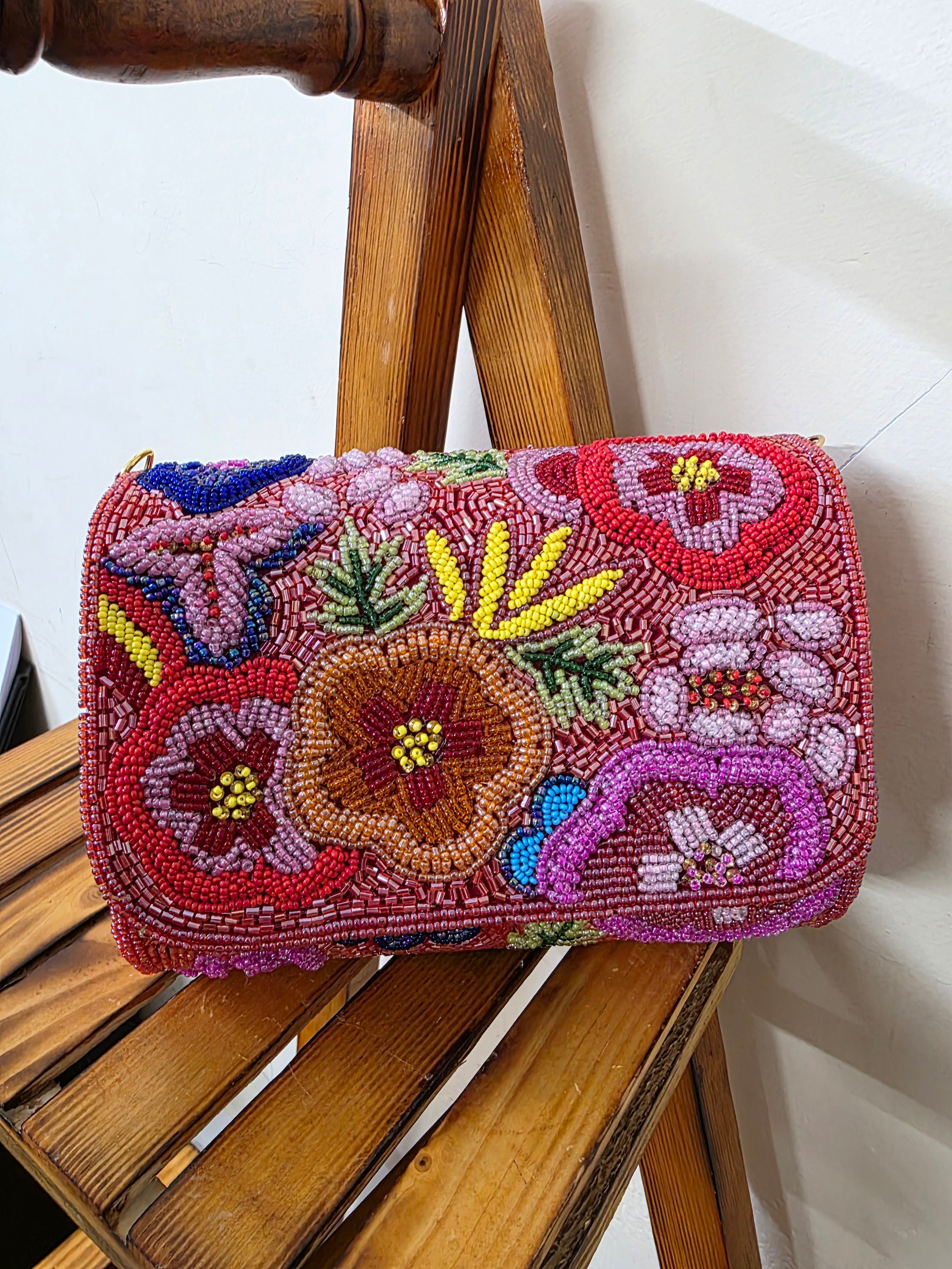 Red multi beaded flap bag
