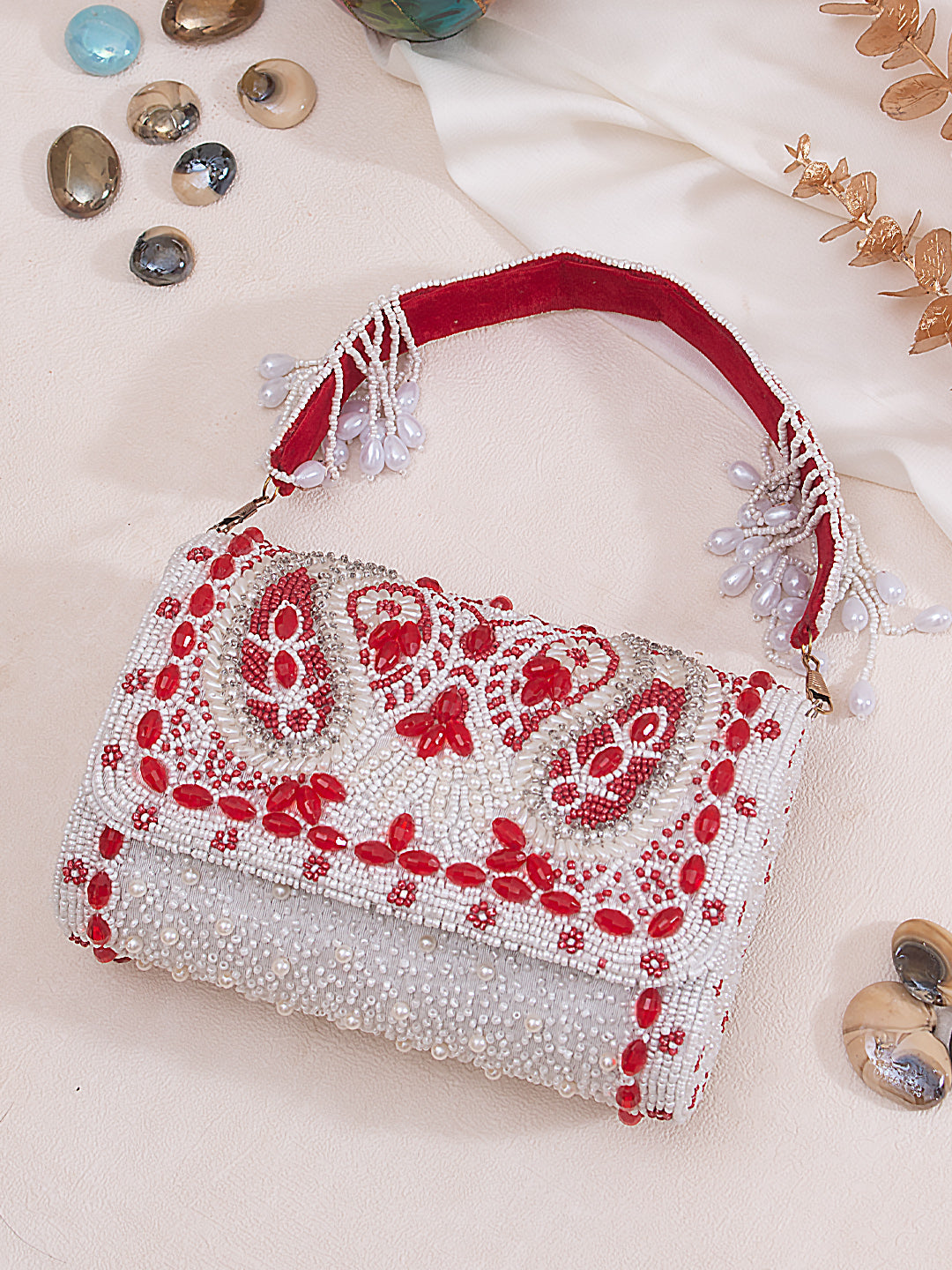 red & white tone embroidered flap clutch