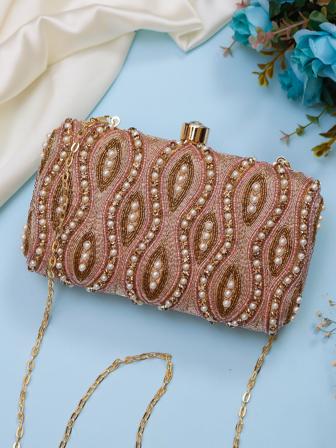 rose gold embroidered clutch
