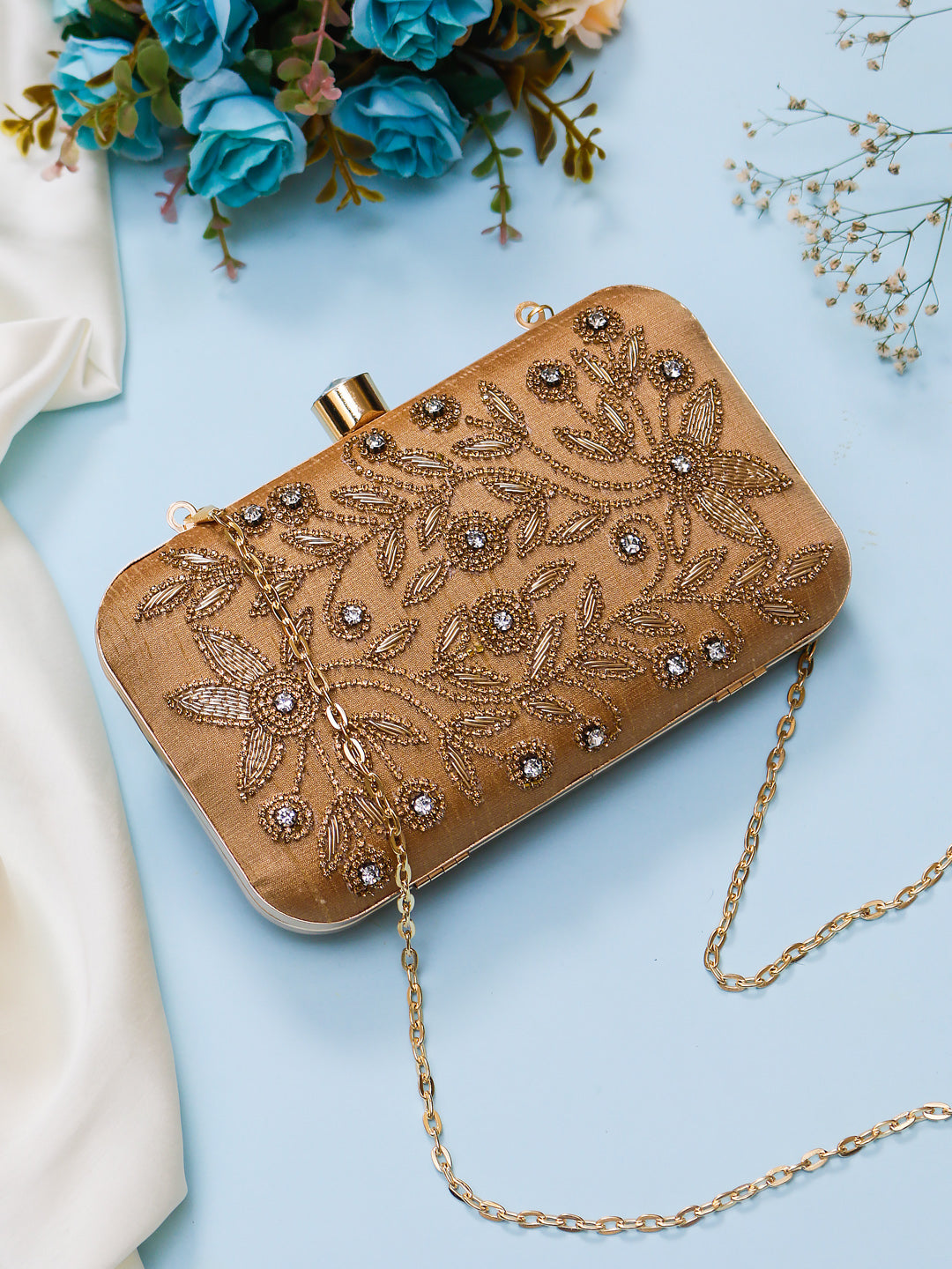 gold embroidery rectangle clutch