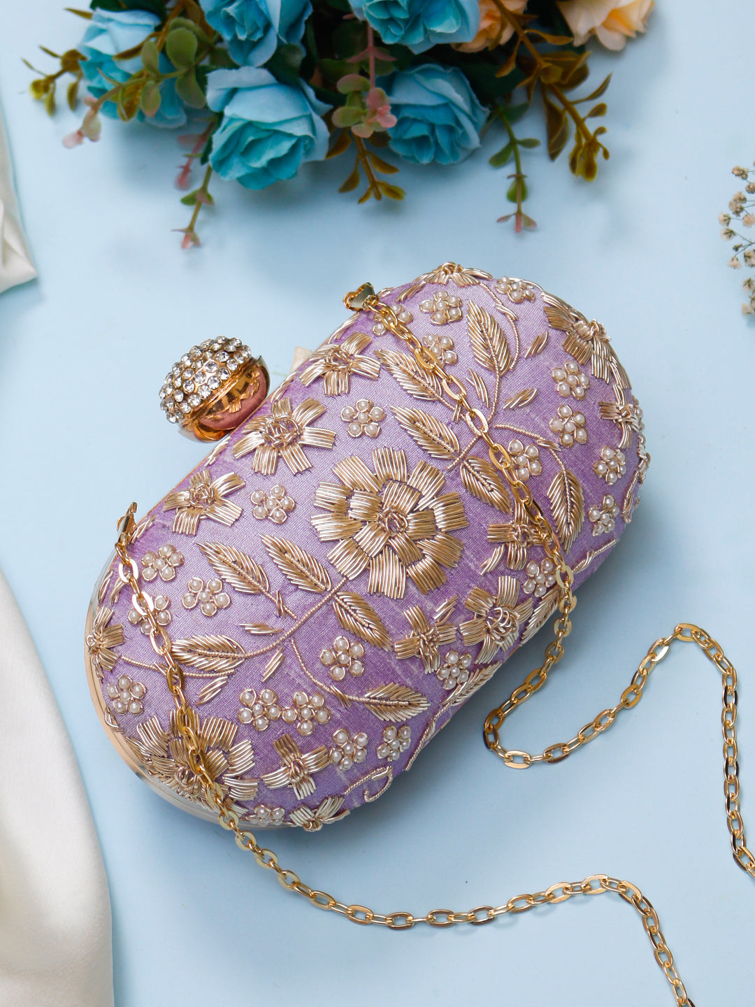 handmade embroidery lilac oval clutch