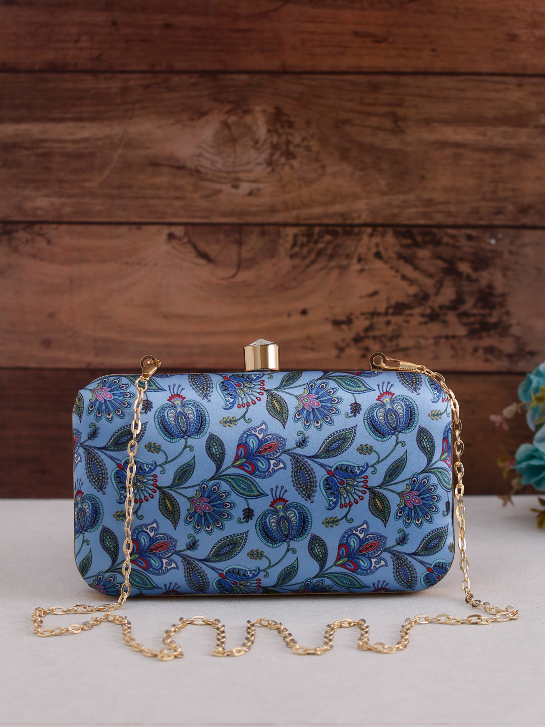 blue printed clutch