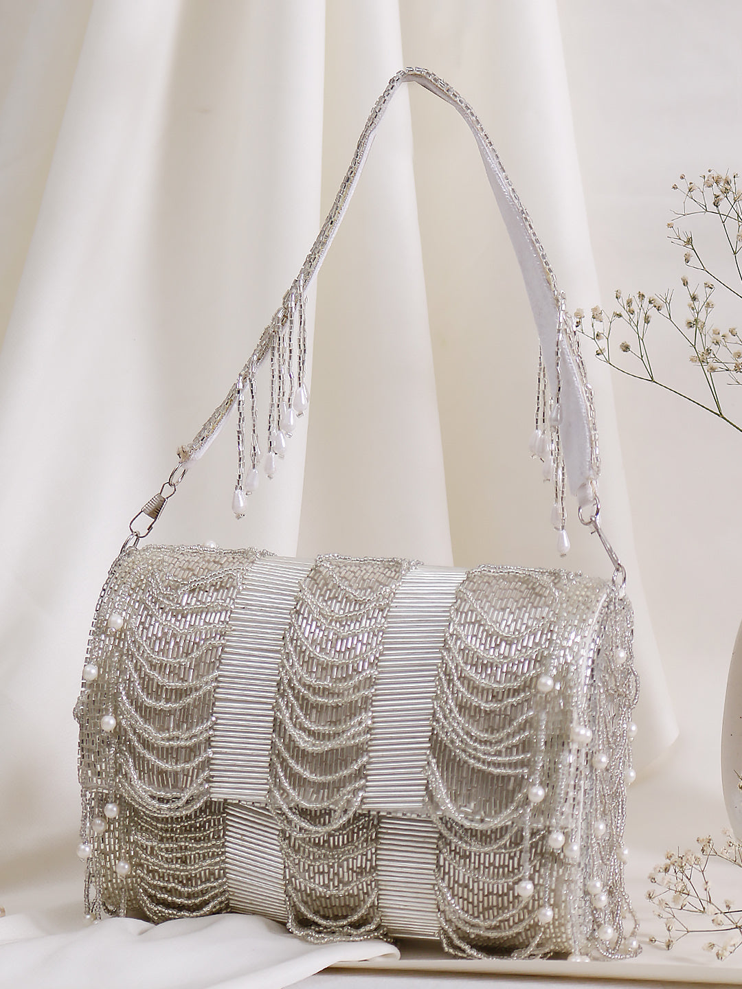 trendy silver flap clutch