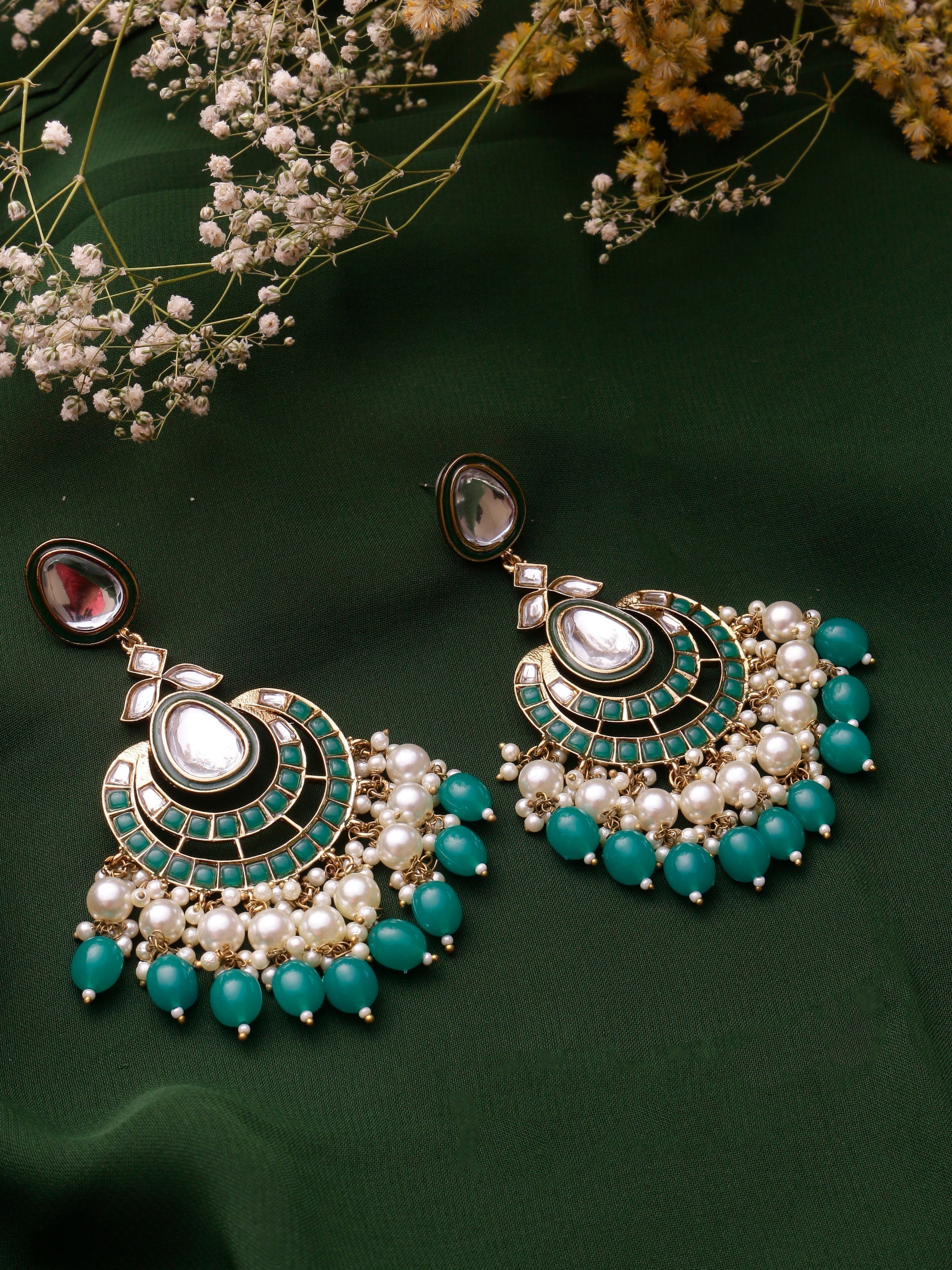 Swisni Alloy Golden Earrings with Green Beads