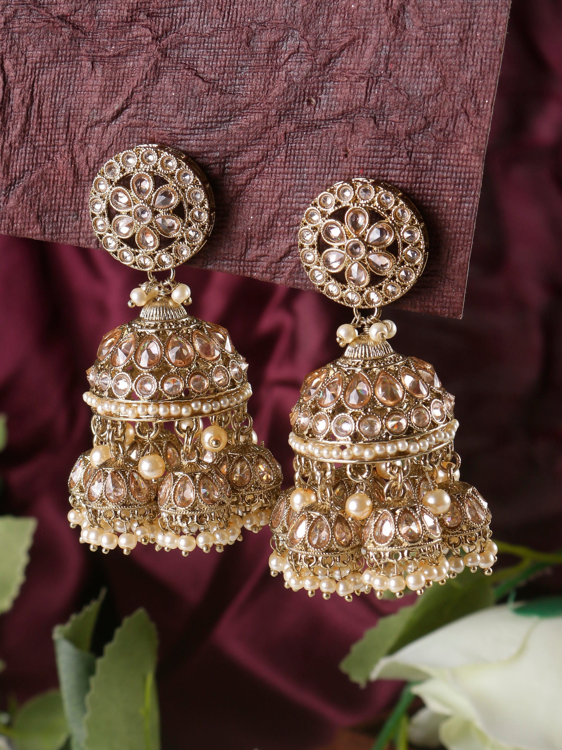Swisni Alloy Golden Jhumki Earrings with Golden Beads